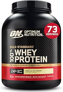 Optimum Nutrition Gold Standard Whey Protein Powder, Vanilla Ice Cream, 5LB | 24g 100% Whey Protein Per Serving, with BCAAs, Gluten Free, Banned Substance Tested, Easy Mixing, Muscle Support & Recovery