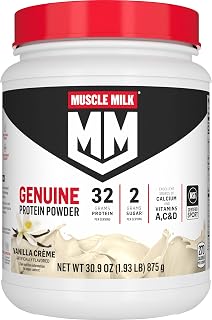 Muscle Milk Genuine Protein Powder, Vanilla Crème, 1.93 Pounds, 12 Servings, 32g Protein, 2g Sugar, Calcium, Vitamins A, C & D, NSF Certified for Sport, Energizing Snack, Packaging May Vary