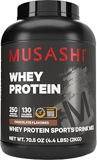 Musashi Whey Protein Powder, Chocolate, 25g Protein, WPC & WPI Blend, 2kg | 130 Calories per Serving, 2kg (4.4 lb), Whey Protein Concentrate (WPC) and Whey Protein Isolate (WPI) Blend