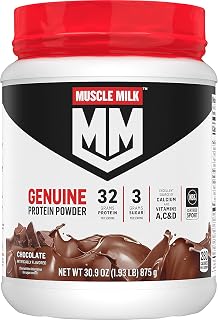 Muscle Milk Genuine Protein Powder, Chocolate, 1.93 Pounds, 13 Servings, 32g Protein, 2g Sugar, Calcium, Vitamins A, C & D, NSF Certified for Sport, Energizing Snack, Packaging May Vary