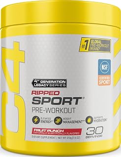 C4 Ripped Sport Pre Workout, 135mg Caffeine, Fruit Punch, 30 Servings | Zero sugar, CLA, DygloFit & L-carnitine for energy, endurance and metabolism support.