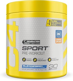 C4 Sport Pre Workout Powder with 135mg Caffeine, Blue Raspberry, 30 Serv | Zero sugar, creatine monohydrate, and CarnoSyn beta-alanine for energy and endurance.