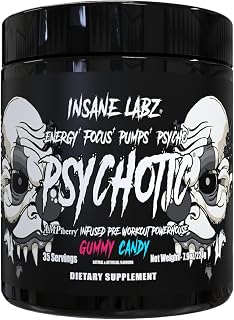 Insane Labz Psychotic Black Edition Mid Stimulant Pre Workout Powder, Energy Focus Pumps, Loaded with Creatine Beta Alanine Taurine Fueled by AMPiberry, 35 Servings (Gummy Candy)
