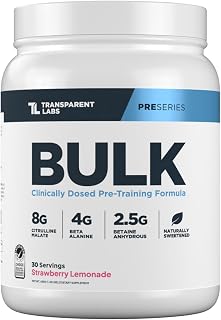 Transparent Labs Bulk Pre Workout Powder - Naturally Sweetened Preworkout for Men & Women, Pre Work Out for Muscle Building & Strength w/Beta Alanine & BetaPure - 30 Servings, Strawberry Lemonade