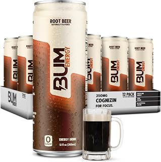 BUM Sugar Free Energy Drink, Nootropics, Root Beer 12 Pack, 12 Fl Oz | Gluten Free, 112mg of Natural Caffeine for Clean Energy, 250mg of Cognizin for Sharper Focus, Pre Workout, Light Carbonation