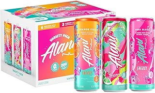 Alani Nu VARIETY PACK CHERRY TWIST, PINK SLUSH, ORANGE KISS Sugar Free, Low Calorie Energy Drinks, 200mg Caffeine, Biotin B Vitamins, Zero Sugar, 10 Calories, 12 Fl Oz Cans, 12 Pack