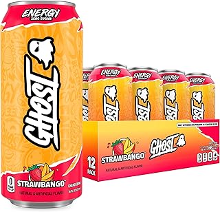 GHOST Energy Drink, Zero Sugars, 12-Pack, Strawbango - 200MG Caffeine, 16oz | Energy & Focus Pre Workout Drink, No Artificial Colors, Gluten-Free, Vegan - 200MG Natural Caffeine, L-Carnitine, Taurine