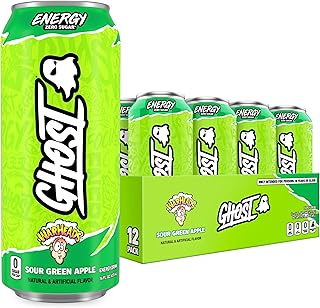 GHOST Energy Drink, Zero Sugars, 12-Pack, Warheads Sour Green Apple, 16oz | Energy & Focus Pre Workout Drink, No Artificial Colors, Gluten-Free, Vegan - 200MG Natural Caffeine, L-Carnitine, Taurine