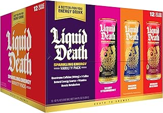 Liquid Death Sparkling Energy Variety Pack, Zero Sugar Energy Drink, Unextreme Caffeine 100mg, Essential Vitamins, 3 Flavors: Strawberry, Orange, and Murder Mystery, 12 Fl Oz (Pack of 12)