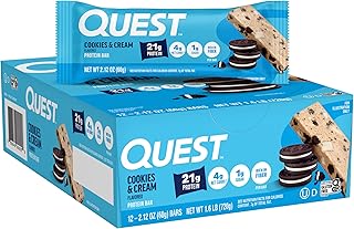 Quest Nutrition Cookies & Cream Protein Bars, 21g Protein, 12 Count | 13g Fiber, 4g Net Carbs, 1g Sugar, Gluten Free, High Quality Protein, Soft and Chewy, Individually Wrapped 2.12oz Bars