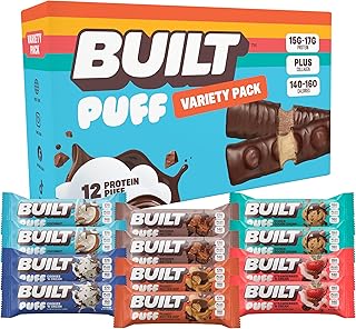 BUILT Puff Protein Bars, Variety Pack, 15g-17g Protein - 12 Count | Protein Snack Bars with Collagen, Calorie Conscious, Some Flavors Gluten Free