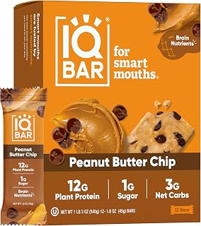 IQBAR Clean Protein Bars, Low Sugar Keto, Peanut Butter Chip 12-Count | High Fiber Plant Based Snacks, Clean Label Project Certified | Gluten Free, Dairy Free, Vegan, Soy Free
