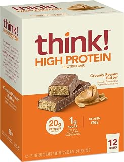 think! High Protein Bar, Creamy Peanut Butter, 12 Count | 20g Protein Per Bar, Gluten Free with Whey Protein Isolate, 1g Sugar, Ready-to-Eat, Convenient Muscle Support & Recovery