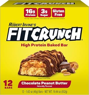 FitCrunch 16g High Protein Baked Bar, Chocolate Peanut Butter, 12 Ct | Chef-Created unique 6-Layer Baked Bar, Gluten Free, Low Sugar