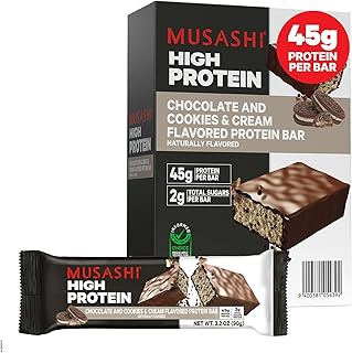 MUSASHI High Protein Bar, 45g Protein, Chocolate & Cookies & Cream | 2g Total Sugars, 45g Protein, Post Workout and Protein Snack On The Go, 3.2oz (90g) Bars