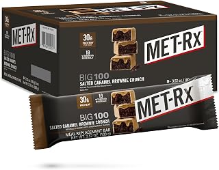 MET-Rx Big 100 Protein Bar, Salted Caramel Brownie Crunch, 30G Protein | Great as Healthy Meal Replacement, Snack, and Help Support Energy, With Vitamin A, Vitamin C, and Zinc