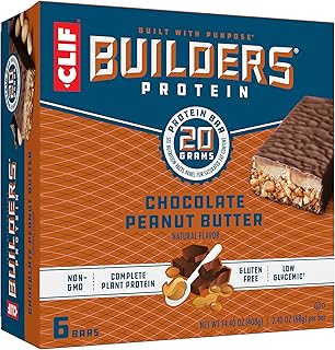 CLIF BUILDERS Protein Bars - Chocolate Peanut Butter Flavor - 20g Plant Based Protein - Gluten Free - Non-GMO - Low Glycemic - No Artificial Sweeteners - 2.4 oz. (6 Pack)