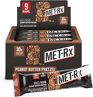 MET-Rx Big 100 Protein Bars, Peanut Butter Pretzel, 30g Protein, 9 Ct | Great as Healthy Meal Replacement, Snack, and Help Support Energy, With Vitamin A, Vitamin C, and Zinc