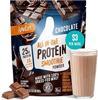 FlavCity Chocolate All in One Protein Shake Powder - On the Go Meal Alternative + Collagen Peptides, Reishi & Cordyceps - Focus, Skin, Hair & Joint Support - 100% Grass Fed Whey, 20 Servings