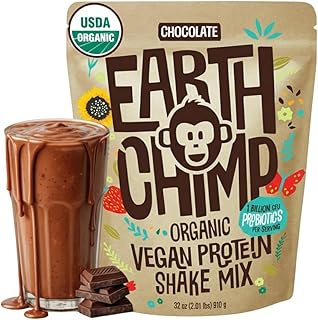 EarthChimp Organic Vegan Protein Powder - with Probiotics - Non GMO, Dairy Free, Non Whey, Plant Based Protein Powder for Women and Men, Gluten Free - 26 Servings 32 Oz (Chocolate)