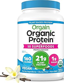 Orgain Organic Vegan 21g Protein + Superfoods Powder, Vanilla Bean, 2.02lb | Plant based protein, 50 superfoods, 8g prebiotic fiber, gluten free, no added sugar, non-GMO, no lactose ingredients