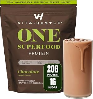 VitaHustle ONE Vegan Protein Powder, Chocolate, 15 Servings | Meal Replacement Shake, 20g Plant Protein Meal Replacement, 86+ Superfoods & Greens, Probiotics+, No Dairy, No Gluten