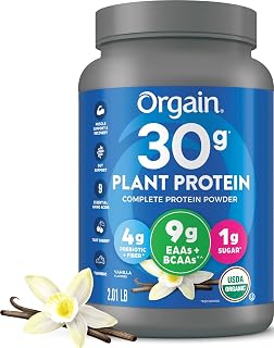 Orgain Organic Vegan 30g High Protein Powder, Vanilla, 2.01 lb | Plant based, 9g EAAs + BCAAs, 4g prebiotic fiber, 1g sugar, pre-workout, muscle support & recovery, packaging may vary