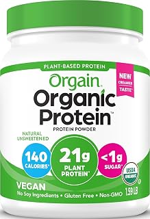 Orgain Organic Vegan Protein Powder, Natural Unsweetened - 21g of Unflavored Plant Protein, 4g Prebiotic Fiber, Low Net Carbs, No Added Sugar, Non-GMO, for Shakes & Recipes, 1.59 lb