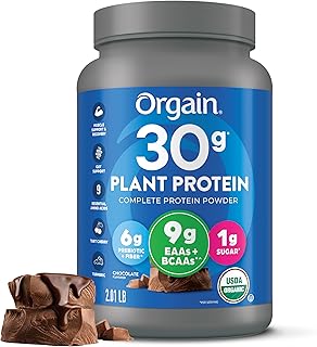Orgain Organic Vegan 30g High Protein Powder, Chocolate, 2.01 lb | Plant based, 9g EAAs + BCAAs, 6g prebiotic fiber, 1g sugar, pre-workout, muscle support & recovery, packaging may vary