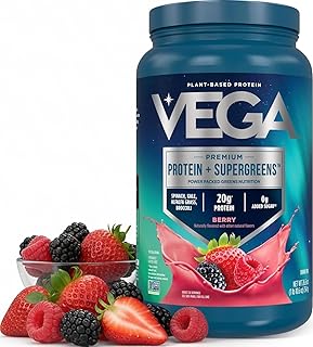 Vega Premium Protein + Supergreens, Berry – 20g Vegan Protein, Dairy & Gluten Free, 27.2 oz (26 Servings)