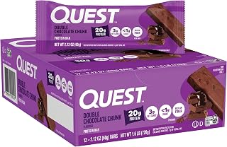 Quest Nutrition Double Chocolate Chunk Protein Bars, 20g Protein Bars, 1g Sugar, Gluten Free, Keto Friendly, 12 Count