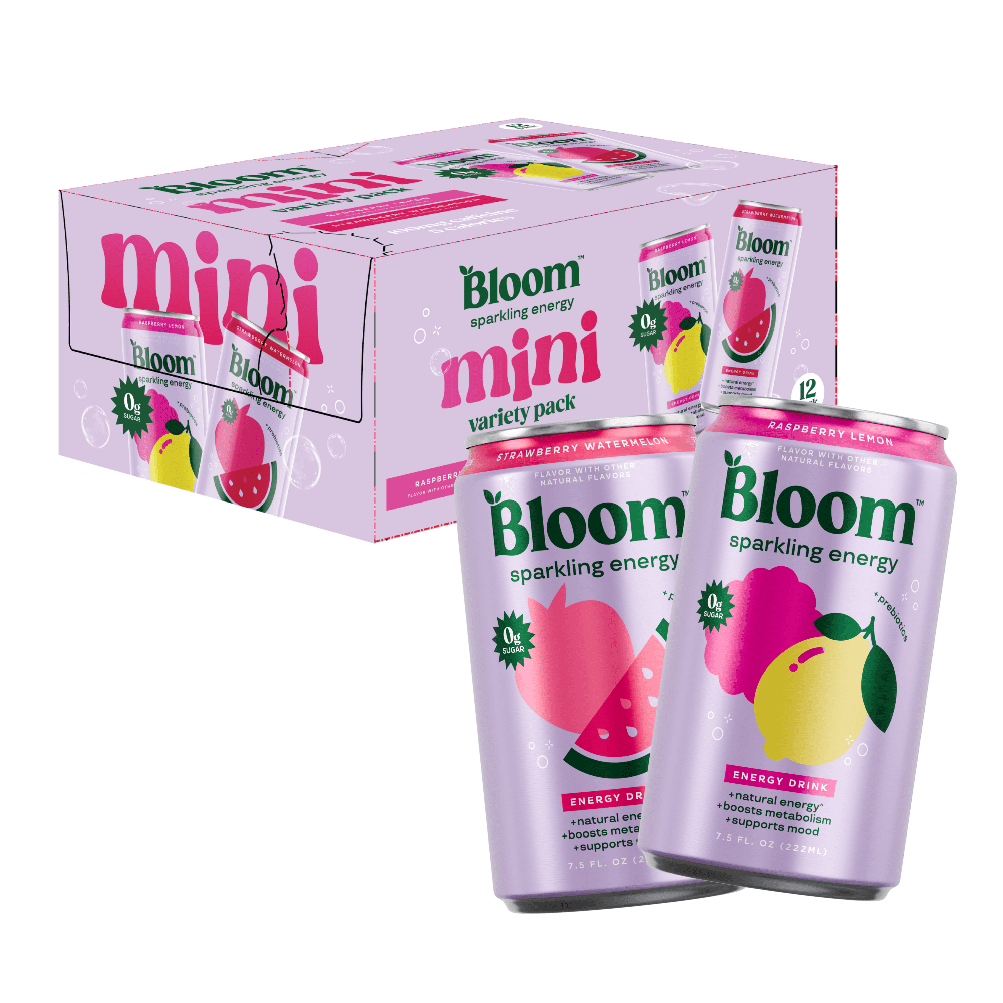 Bloom Nutrition Sparkling Energy Drink, Mini Cans Variety Pack, Strawberry Watermelon (6), Raspberry Lemon (6), 7.5 oz Cans, 12 pack