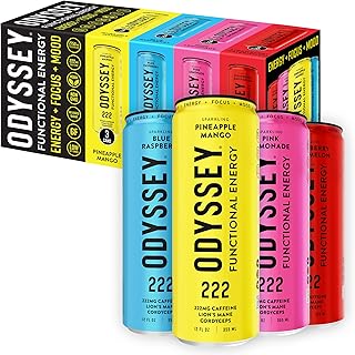 Odyssey Functional Energy Drink, 222mg Caffeine, Variety Pack, 12 OZ | Mushroom energy drink with Lion's Mane, Cordyceps, Ginseng & L-Theanine, no jitters, no crash, vegan & No Added sugars