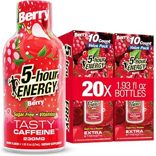5-hour ENERGY BERRY Flavor, 20 Count, Extra Strength Energy Shot | 1.93 Fl Oz, Amino Acids, B Vitamins, Sugar Free and Zero Calories