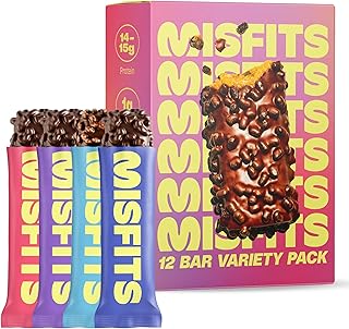 Misfits Protein Bar Variety Pack | Nutrition Bars - 14-15g Protein, 1g Sugar, Plant-based, Low Carb, Non-GMO, Gluten Free Snacks | Vegan Protein Bars | Pack of 12, Multiple Flavors