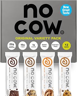 No Cow Vegan Protein Bars, Original Variety, 12 Pack | 20g High Plant-Based Protein, High Fiber, Low Sugar, Gluten-Free, Dairy-Free, Soy-Free, Keto-Friendly Snack Bars