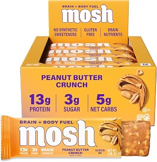 MOSH Peanut Butter Crunch Brain Health Protein Bars, Keto, 12 Ct | 13g Protein, Low Carb, Gluten Free, High Fiber, Brain Blend with Lion's Mane, Ashwagandha & Cognizin