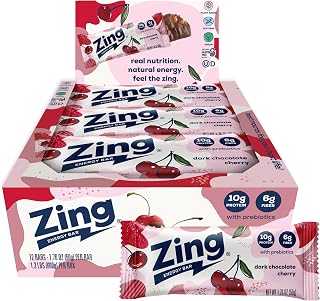 Zing Dark Chocolate Cherry Vegan Protein Bars, Gluten Free with High Protein, High Fiber, Dairy Free Nutrition Bars, Plant Based Protein, Kosher, Low Sugar, No Sugar Alcohols - 12 count