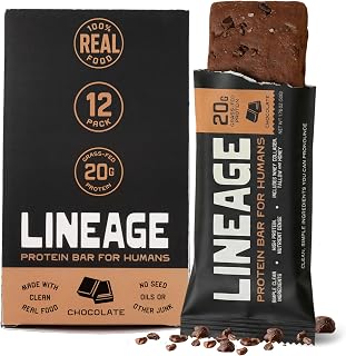 Lineage Provisions Chocolate Protein Bars, 12 Pack | 20g grass fed whey protein & collagen, gluten free, no seed oils, nothing artificial, with raw honey