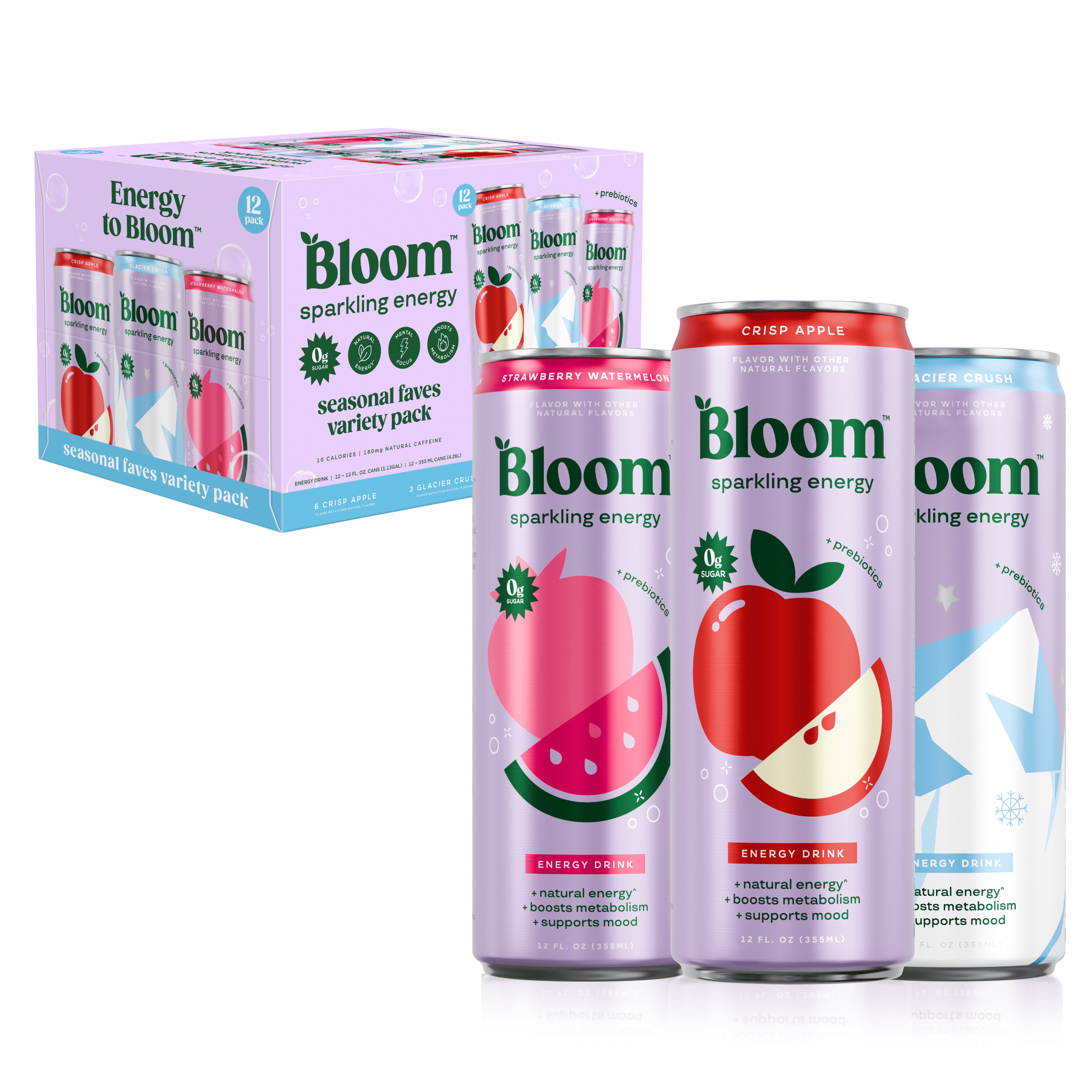Bloom Nutrition Sparkling Energy Drink, Seasonal Favorites Variety Pack, 12 fl oz, 12 pack