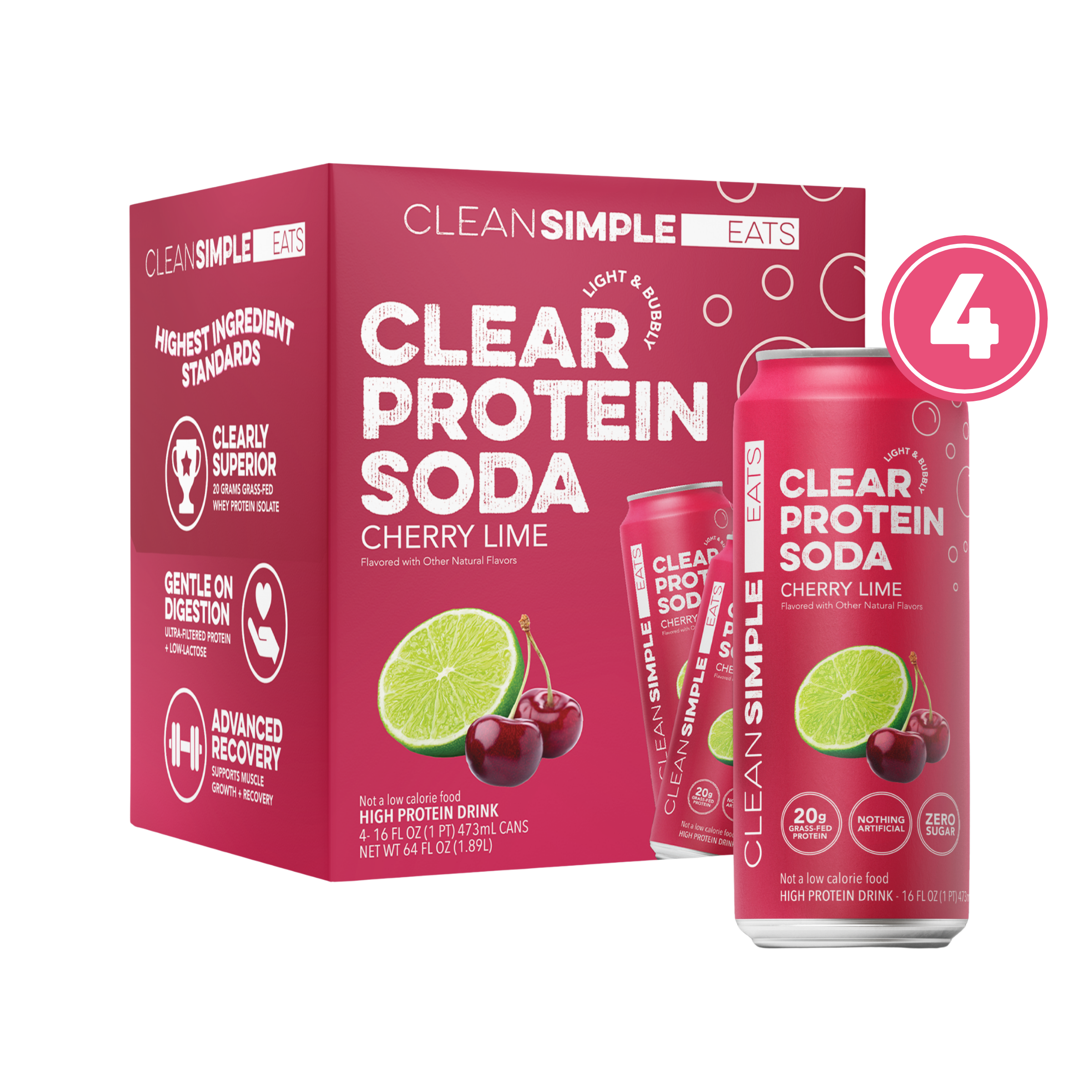 Clean Simple Eats Clear Protein Soda: Cherry Lime  (16 Oz. | 4 Pack)