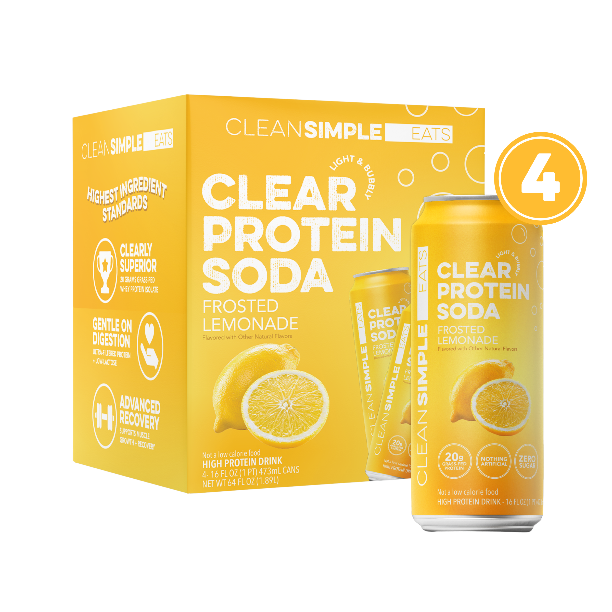 Clean Simple Eats Clear Protein Soda: Frosted Lemonade (16 Oz. | 4 Pack)
