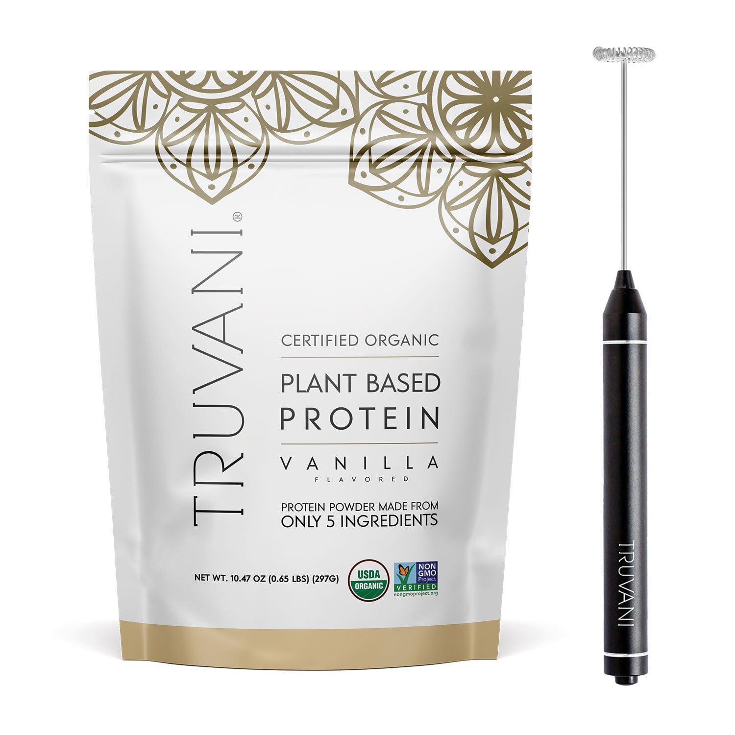 Truvani Vanilla Plant Based Protein Powder (10 Servings) + FREE Frother