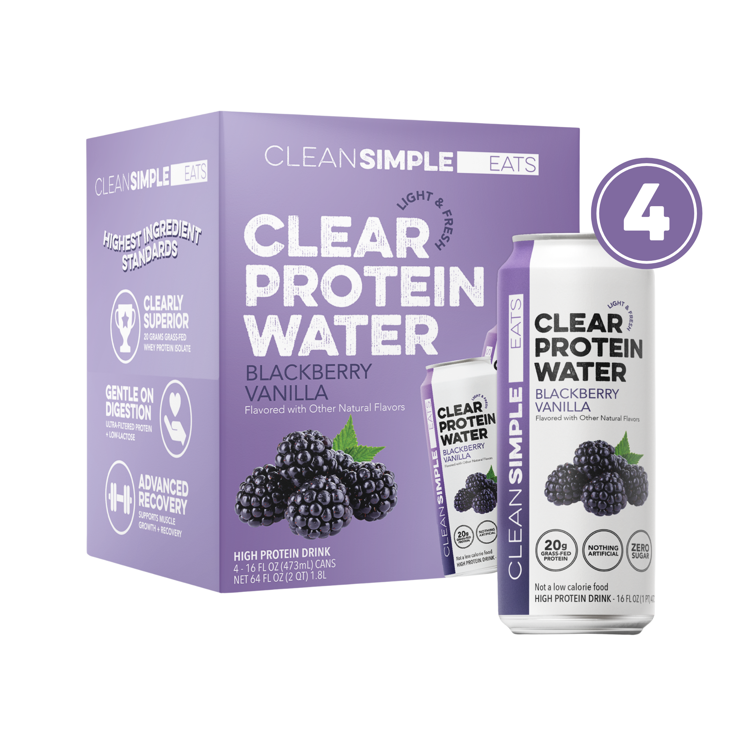 Clean Simple Eats Clear Protein Water: Blackberry Vanilla (16 Oz. | 4 Pack)