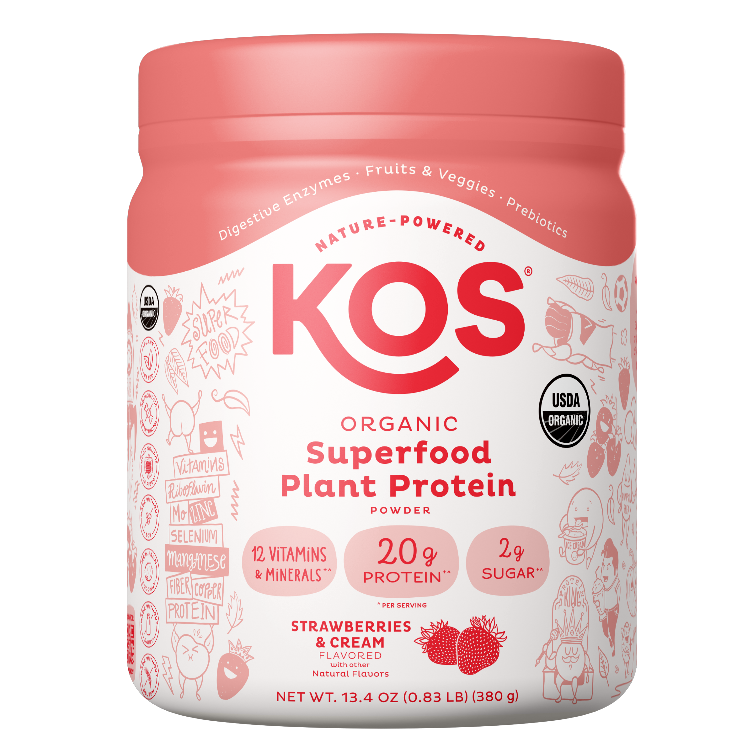 KOS Organic Plant Based Protein Powder Strawberries & Cream Flavored, 10 Servings