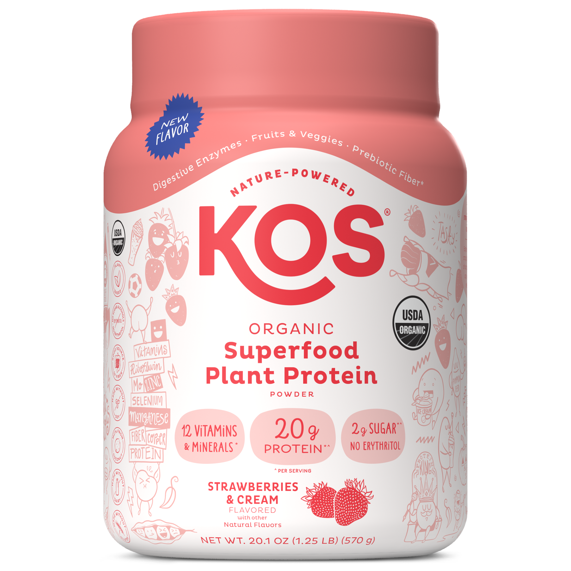 KOS Organic Plant Based Protein Powder Strawberries & Cream Flavored, 15 Servings