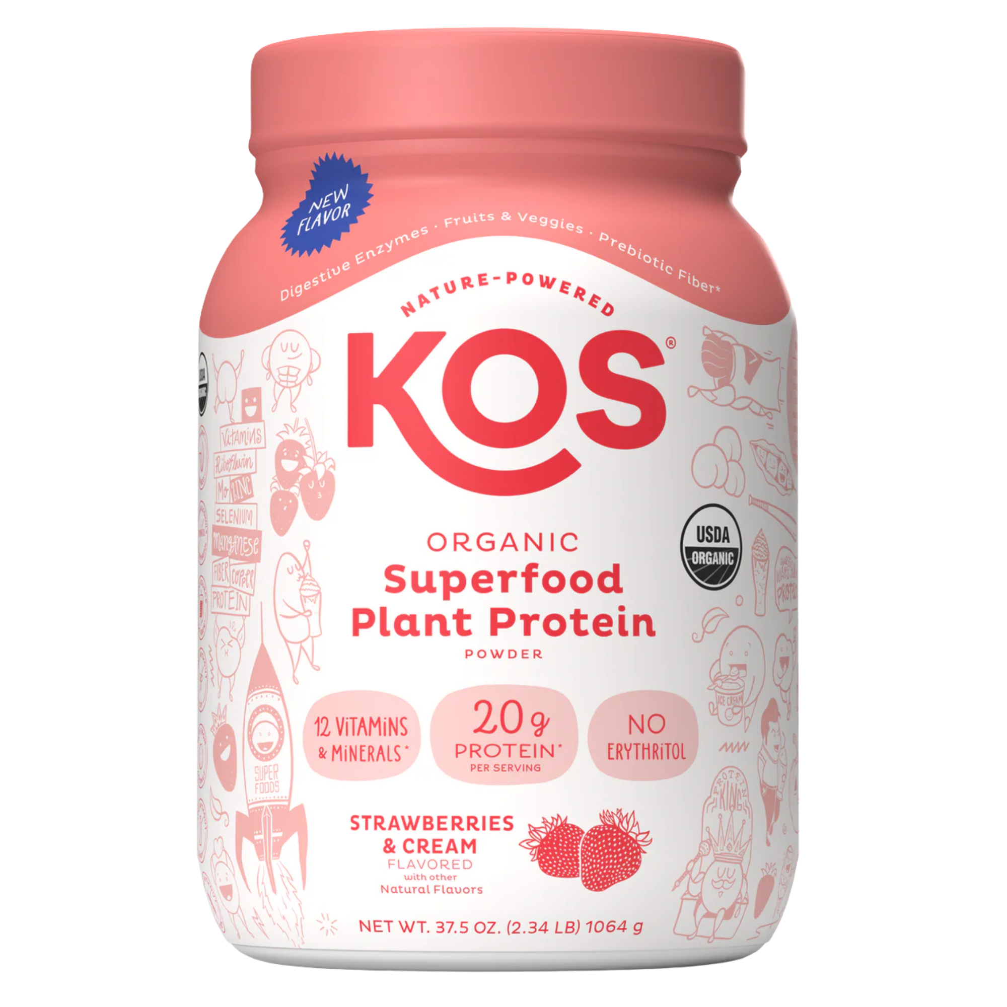 KOS Organic Plant Protein, Strawberries & Cream, 28 Servings
