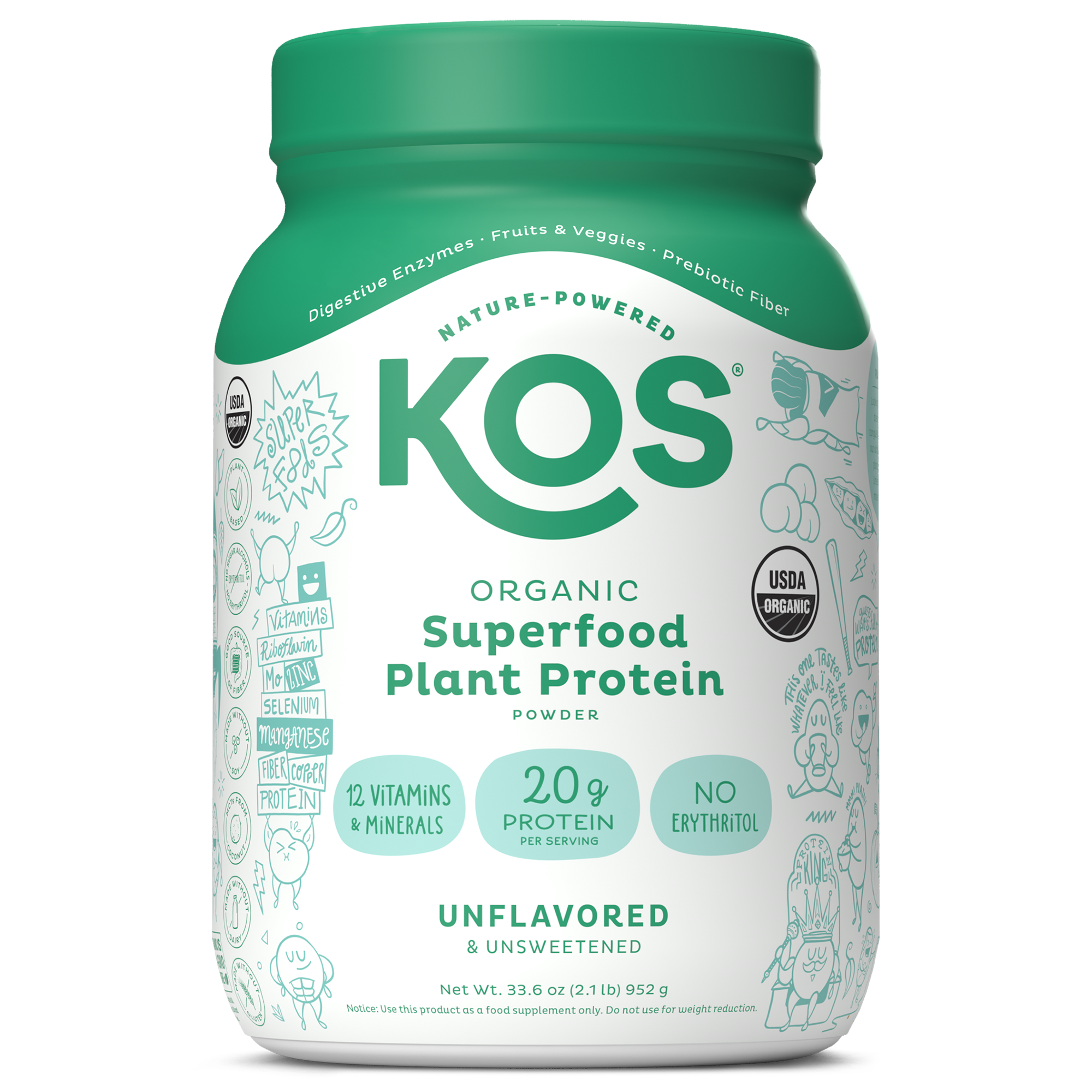 KOS Organic Plant Protein, Unflavored & Unsweetened, 28 Servings